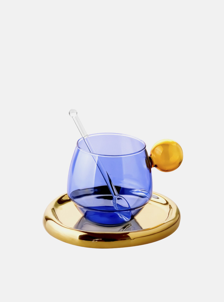 The front view of the mix-coloured blue  glass cup