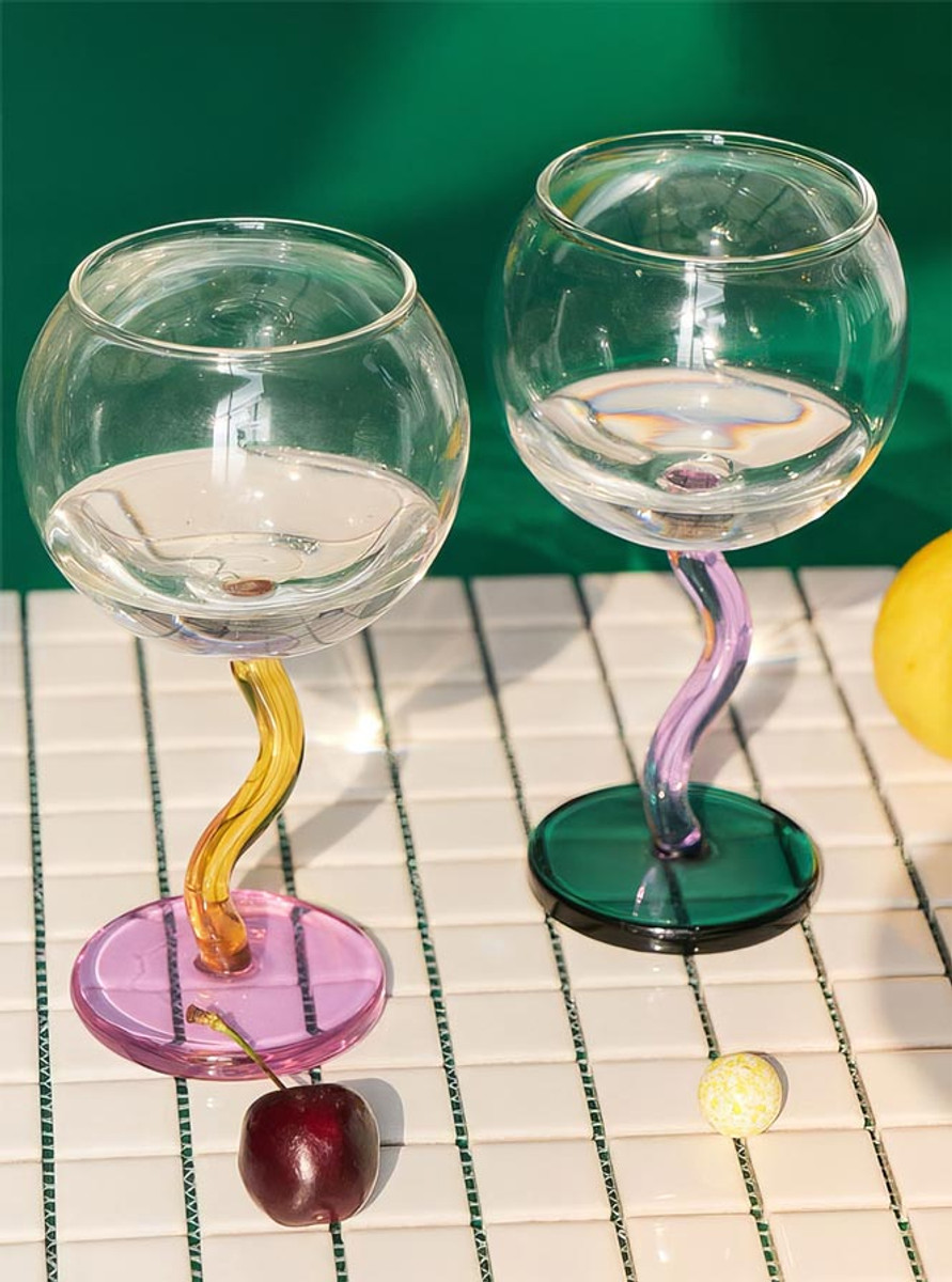 "Ballon" Colourful Wine Glass With Curved Stems - Purple & Green