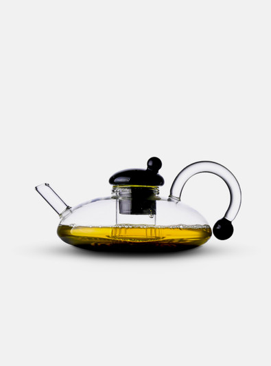 "Disque" Flat Glass Teapot with Black Lid