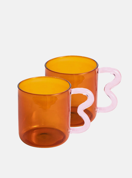 2 amber glass cup with cute wavy handle