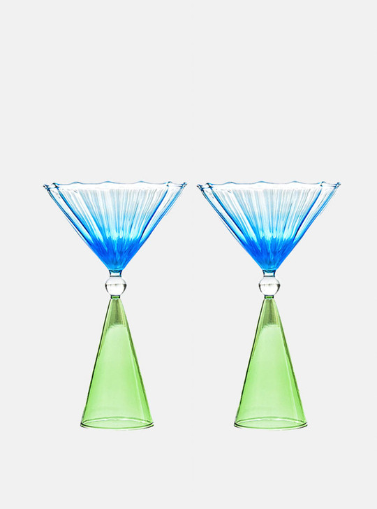 2 bule and green cocktail glasses