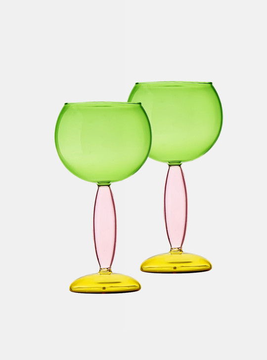 2 green and pink wine glasses
