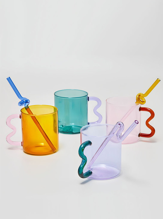 "Bonbon" Colourful Glass Cup With Wavy Handle - Purple & Turqoise