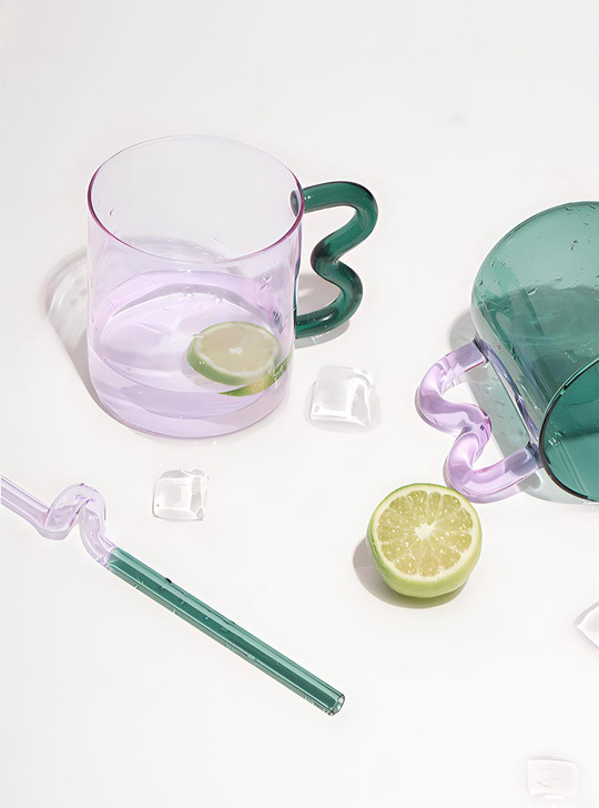 "Bonbon" Colourful Glass Cup With Wavy Handle - Purple & Turqoise