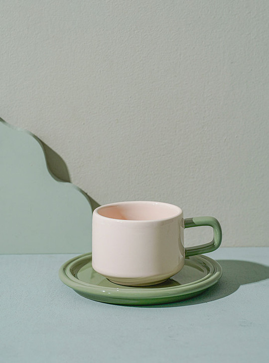 "Deux" Colour Block Ceramic Mug Set - Creme Mug & Green Saucer