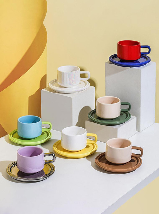 "Deux" Colour Block Ceramic Mug Set - White Mug & Yellow Saucer