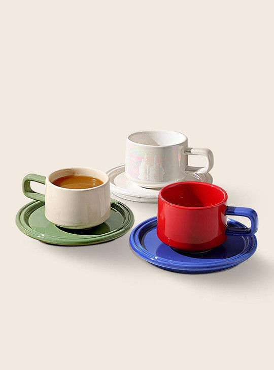 "Deux" Colour Block Ceramic Mug Set - White Mug & Yellow Saucer