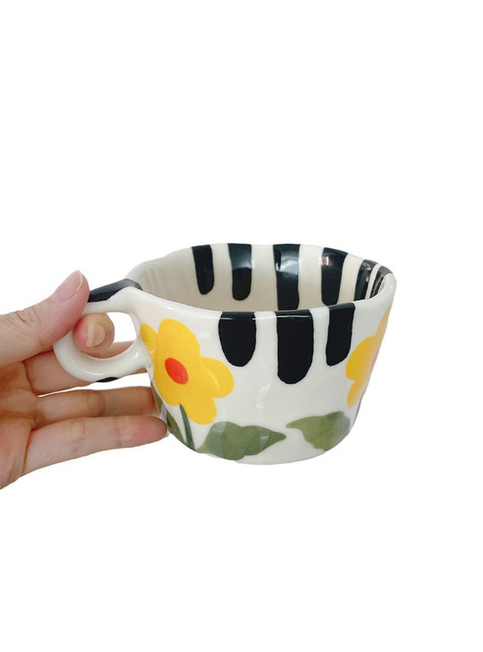 "Daisy" Black Stripe Yellow Flower Ceramic Mug