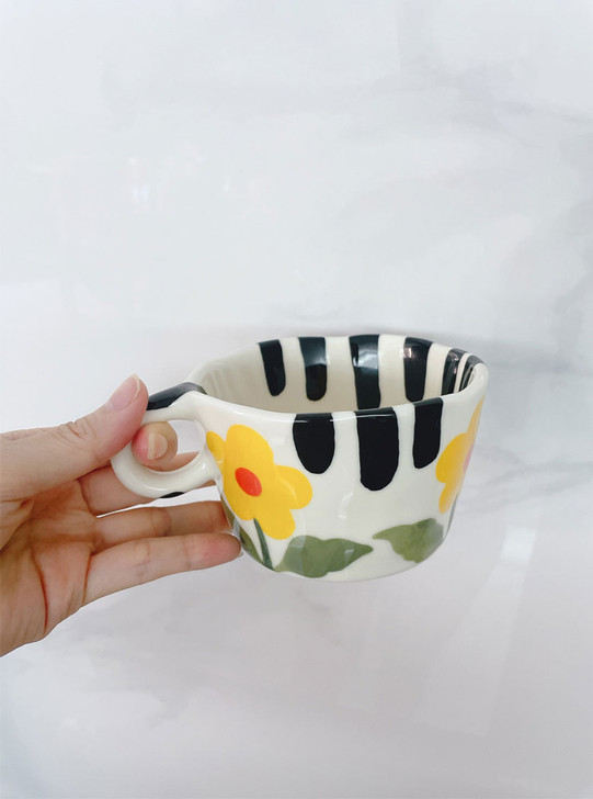 "Daisy" Black Stripe Yellow Flower Ceramic Mug