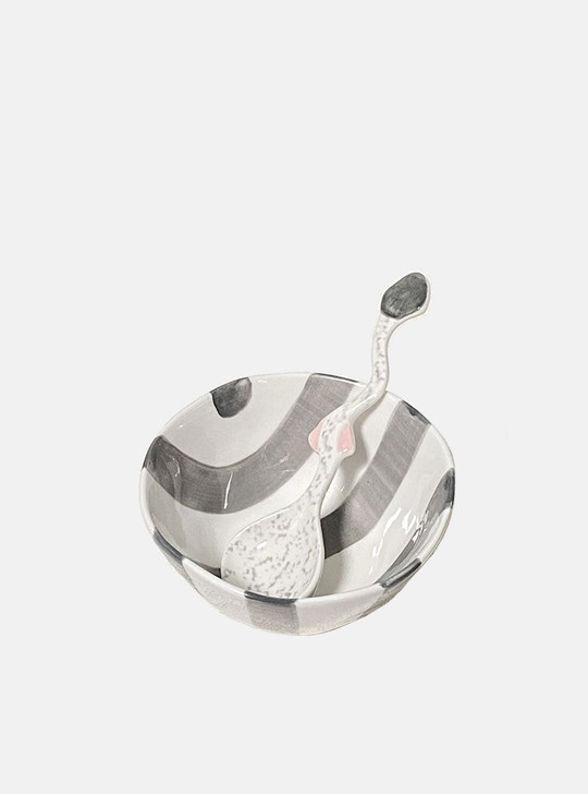 "Dessin" Grey Stripe Ceramic Bowl and Spoon Set of 4