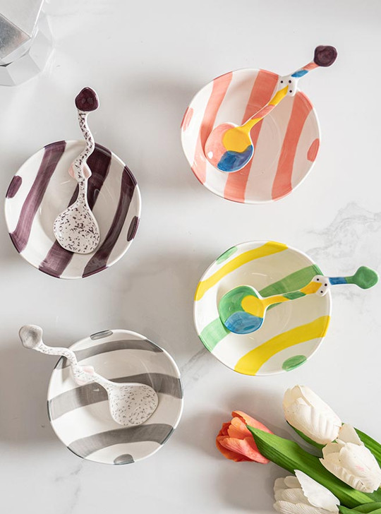 "Dessin" Pink Stripe Ceramic Bowl and Spoon Set of 4