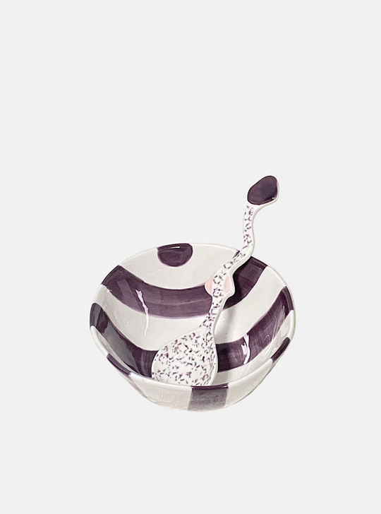 "Dessin" Purple Stripe Ceramic Bowl and Spoon Set of 4