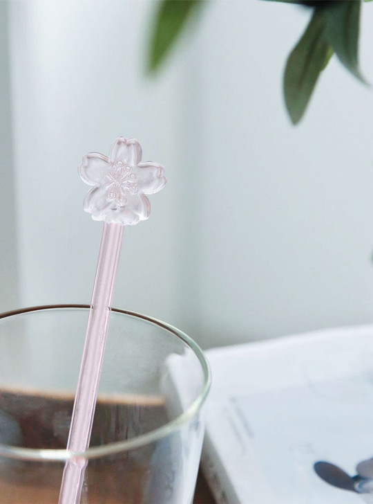 "Sakura" Cute Pink  Floral Glass Stirrer - Long