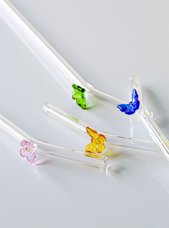 "Papillon" Blue Butterfly Clear Glass Straw