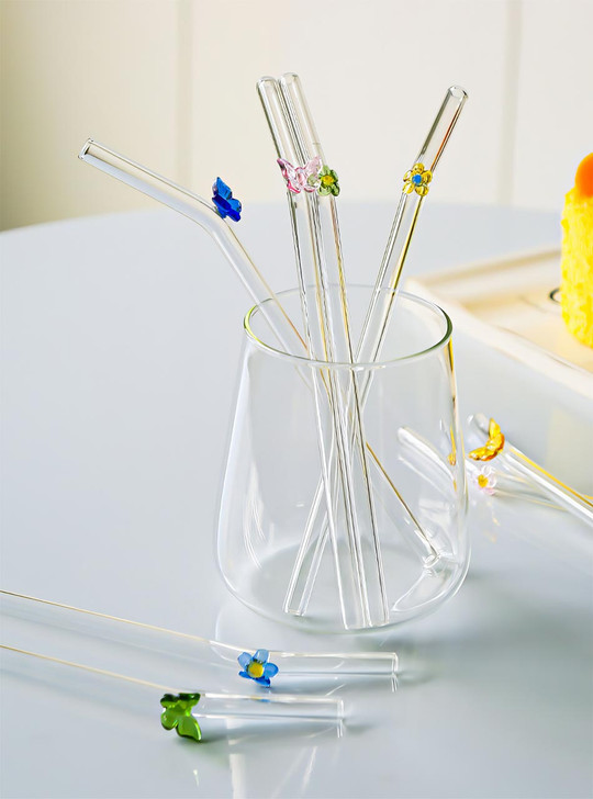 "Papillon" Blue Butterfly Clear Glass Straw