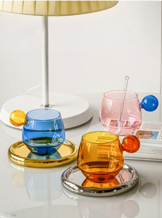three different joyful glass coffee mug set on the table