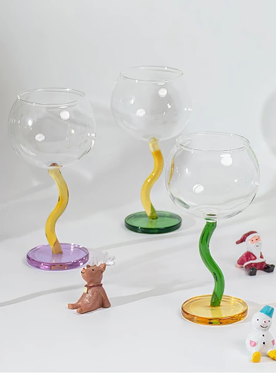 "Ballon" Colourful Wine Glass With Curved Stems - Orange & Green