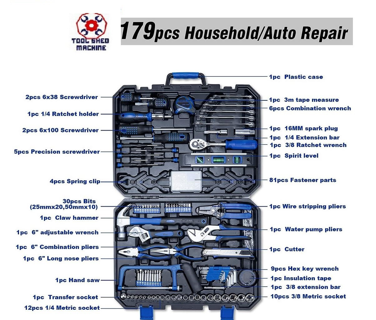 Tool Shed Machine 179-Piece Basic Home General Complete Tool Kit