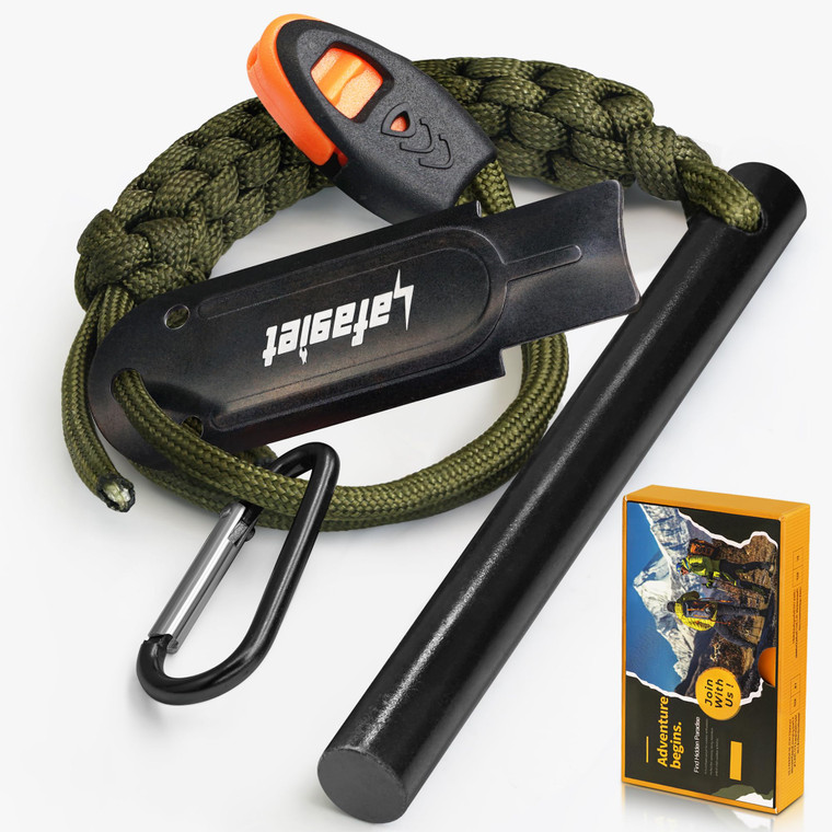 Essential Survival Kit: 4-inch Ferrocerium Rod with Whistle, Paracord Lanyard, and Drilled Flint and Steel Fire Starter for Emergency Situations and Campfires