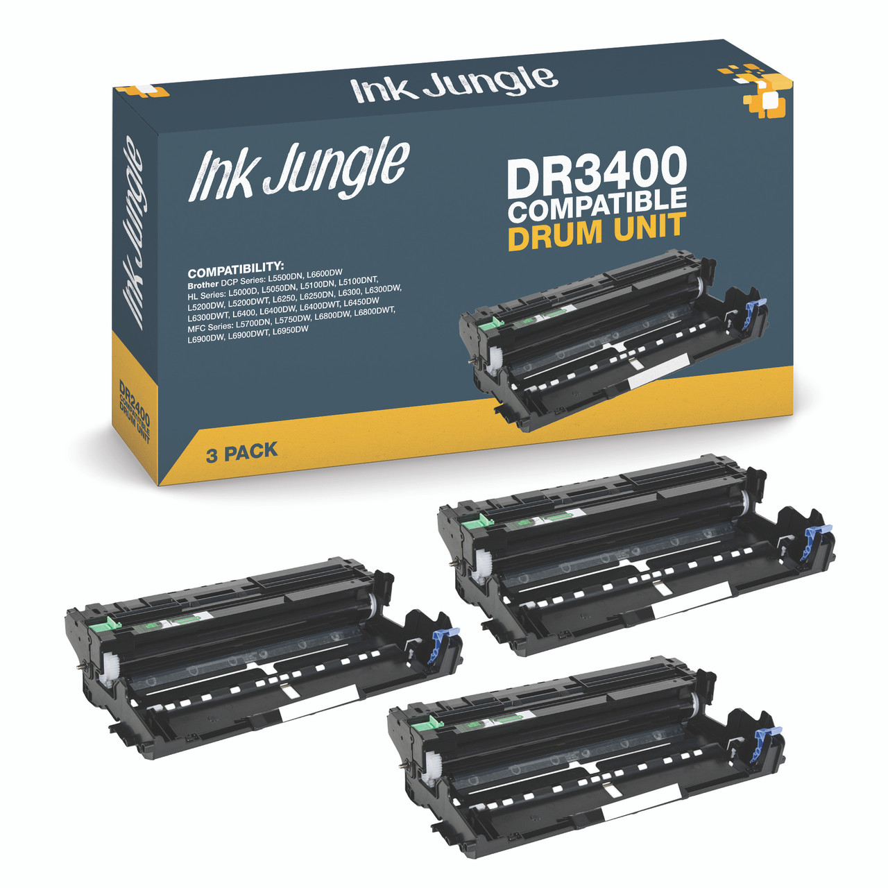 3x Ink Jungle Brother DR3400 drum unit for Brother Brother DCP-L5500DN, Brother DCP-L6600DW, Brother HL-L5000D, Brother HL-L5050DN, Brother HL-L5100DN, Brother HL-L5100DNT, Brother HL-L5200DW, Brother HL-L5200DWT, Brother HL-L6250, Brother HL-L6250DN, Brother HL-L6300, Brother HL-L6300DW, Brother HL-L6300DWT, Brother HL-L6400, Brother HL-L6400DW, Brother HL-L6400DWT, Brother HL-L6450DW, Brother MFC-L5700DN, Brother MFC-L5750DW, Brother MFC-L6800DW, Brother MFC-L6800DWT, Brother MFC-L6900DW, Brother MFC-L6900DWT, Brother MFC-L6950DW Printers