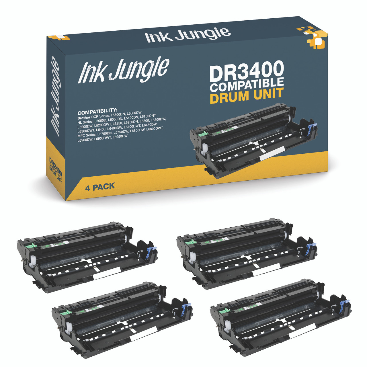 4x Ink Jungle Brother DR3400 drum unit for Brother Brother DCP-L5500DN, Brother DCP-L6600DW, Brother HL-L5000D, Brother HL-L5050DN, Brother HL-L5100DN, Brother HL-L5100DNT, Brother HL-L5200DW, Brother HL-L5200DWT, Brother HL-L6250, Brother HL-L6250DN, Brother HL-L6300, Brother HL-L6300DW, Brother HL-L6300DWT, Brother HL-L6400, Brother HL-L6400DW, Brother HL-L6400DWT, Brother HL-L6450DW, Brother MFC-L5700DN, Brother MFC-L5750DW, Brother MFC-L6800DW, Brother MFC-L6800DWT, Brother MFC-L6900DW, Brother MFC-L6900DWT, Brother MFC-L6950DW Printers