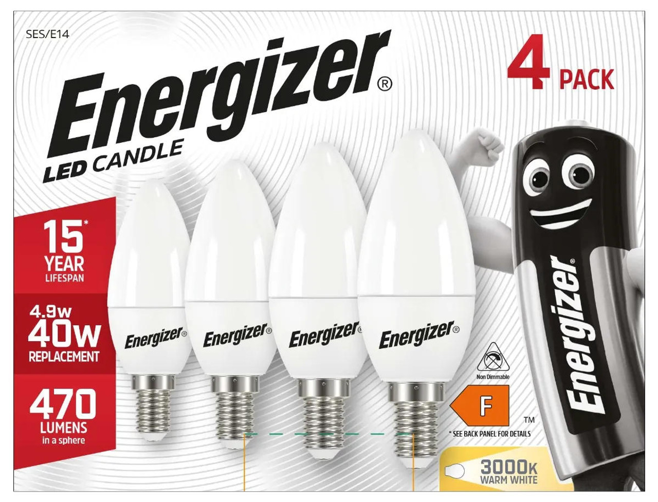 Energizer LED Candle Bulb E14 (SES) 470lm 4.9W 3000K (Warm White) Non Dimmable (Pack of 4)