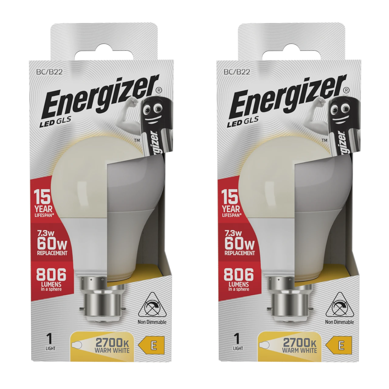 Energizer LED GLS B22 806lm 7.3W 2700K (Warm White) Light bulb - Pack of 2