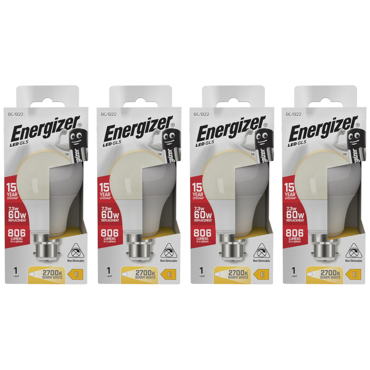Energizer LED GLS B22 806lm 7.3W 2700K (Warm White) Lightbulb - Pack of 4