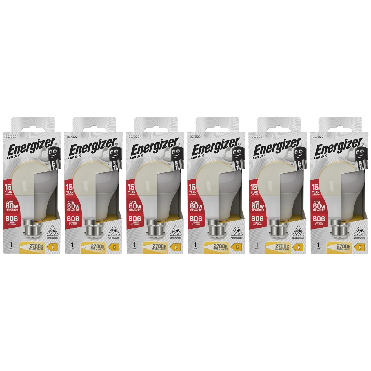 Energizer LED GLS B22 806lm 7.3W 2700K (Warm White) Lightbulb - Pack of 6