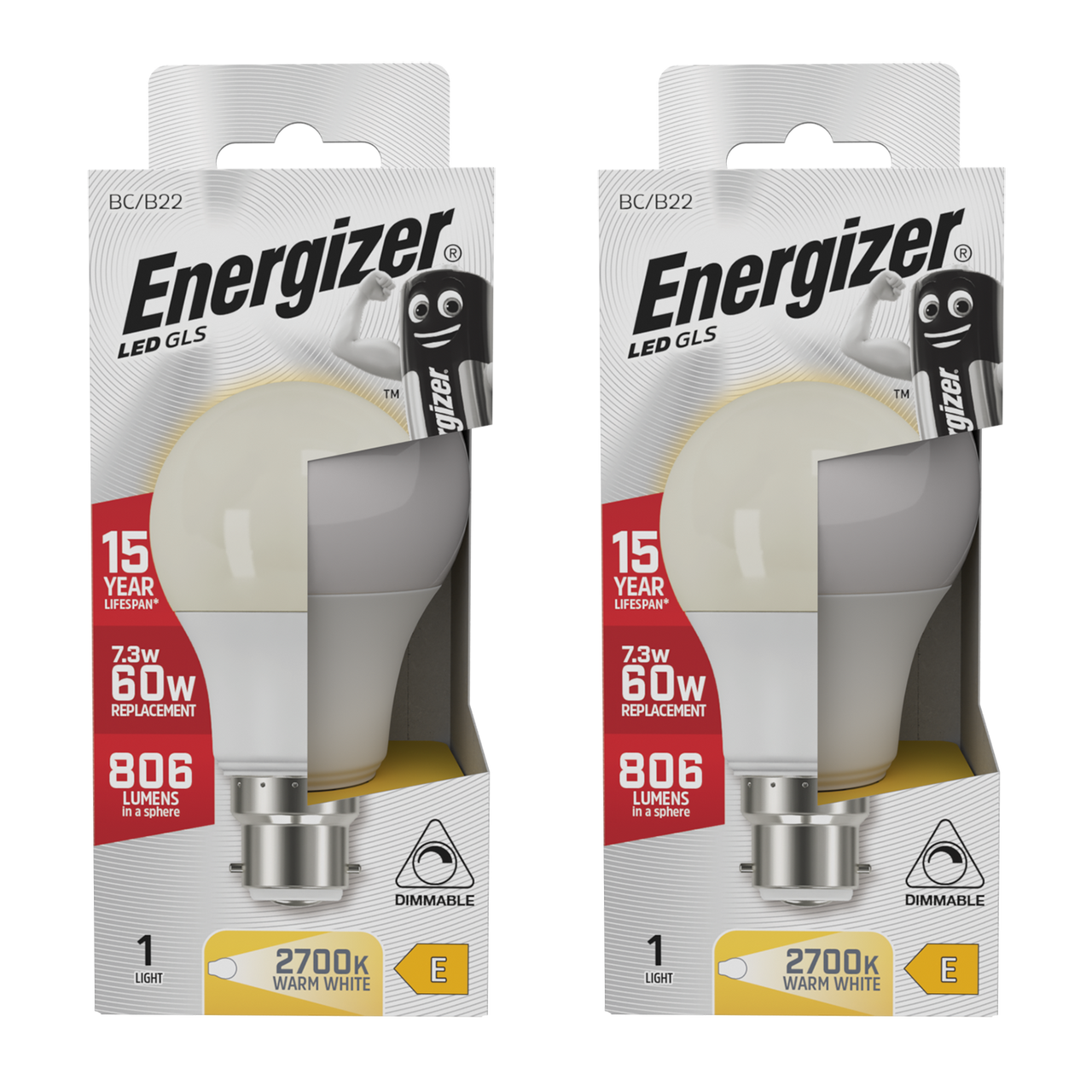 Energizer LED GLS B22 806lm 7.3W 2700K (Warm White) Dimmable Light Bulb - Pack of 2