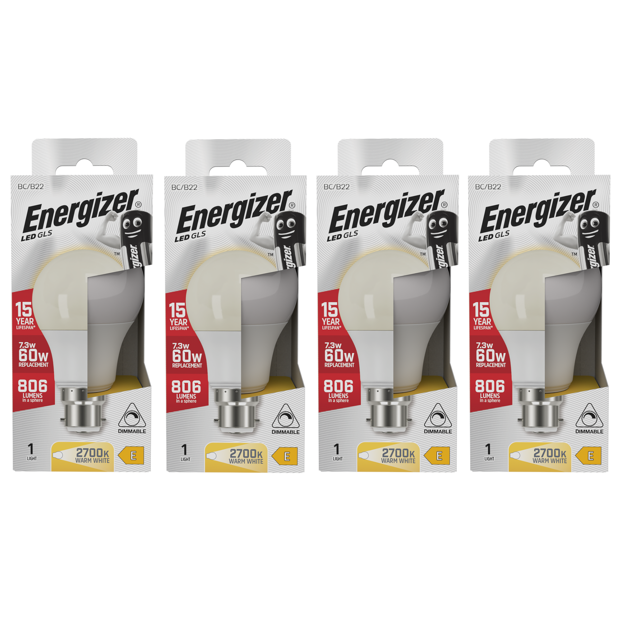 Energizer LED GLS B22 806lm 7.3W 2700K (Warm White) Dimmable Light Bulb - Pack of 4