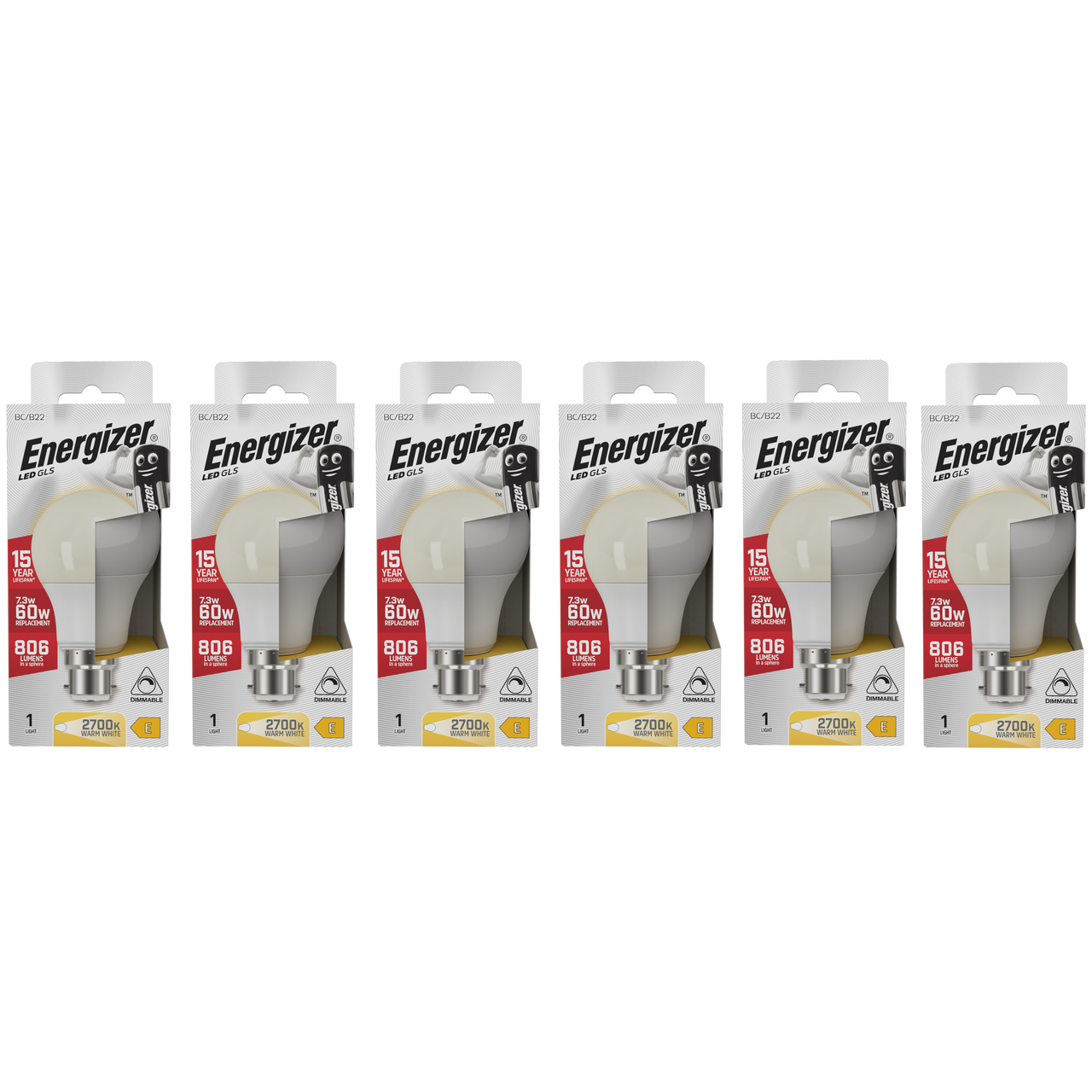 Energizer LED GLS B22 806lm 7.3W 2700K (Warm White) Dimmable Light Bulb - Pack of 6