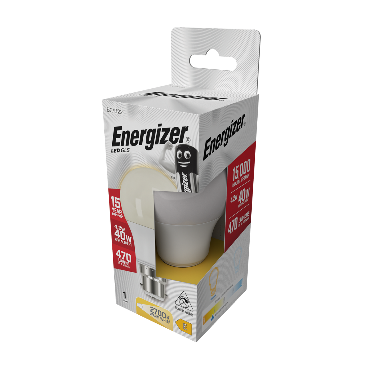 Energizer LED GLS B22 470lm 4.2W 2700K (Warm White) Light Bulb - Pack of 2