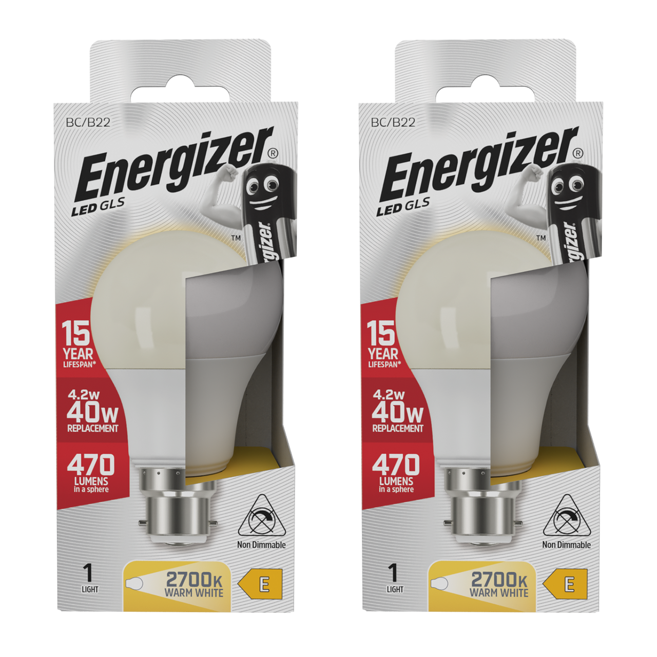 Energizer LED GLS B22 470lm 4.2W 2700K (Warm White) Light Bulb - Pack of 2