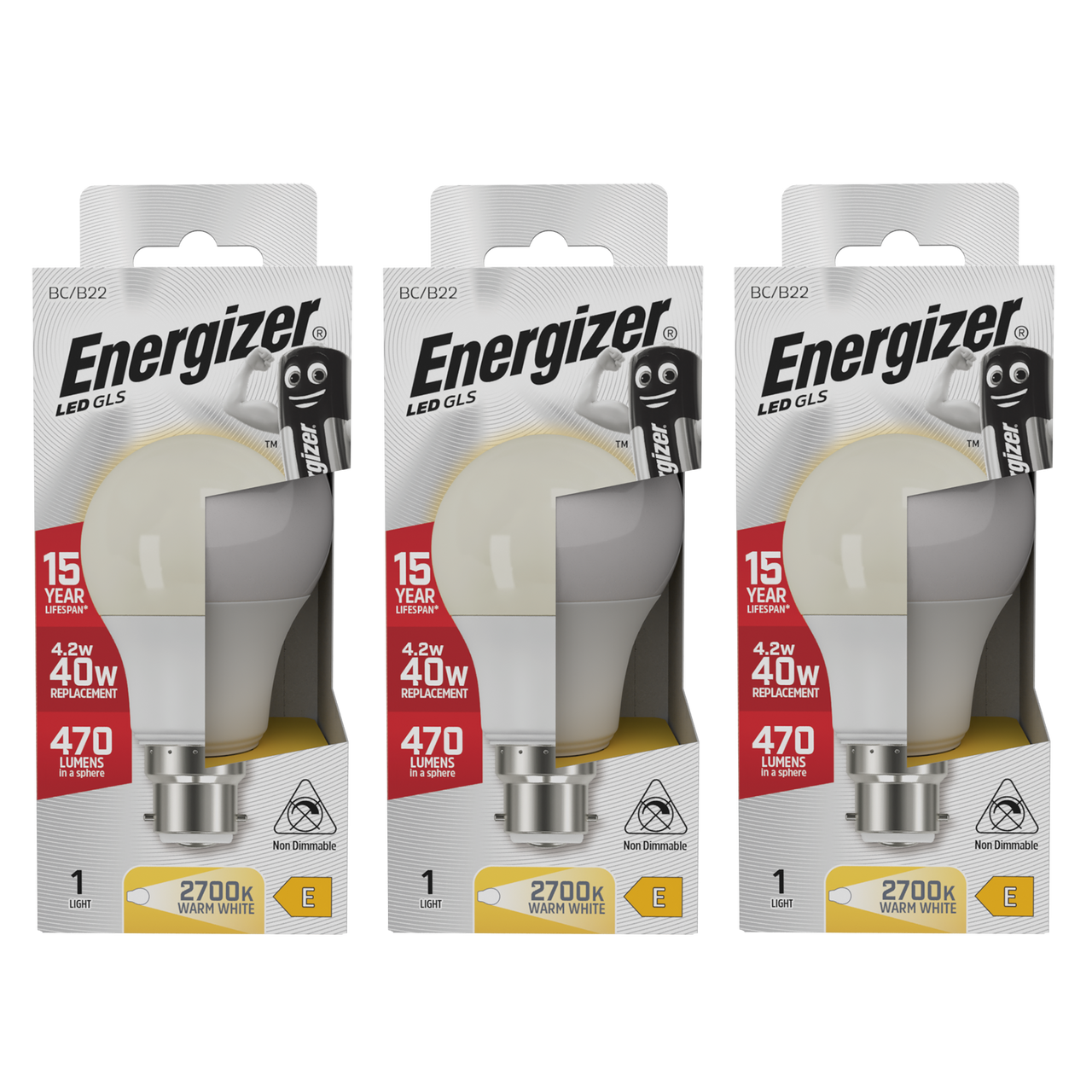 Energizer LED GLS B22 470lm 4.2W 2700K (Warm White) Light Bulb - Pack of 3