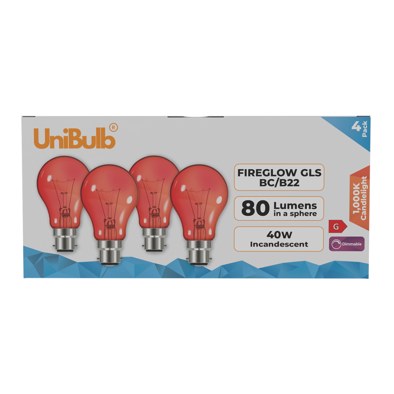 UniBulb B22 GLS 40W 1000K Fireglow Red Light Bulb - Pack of 4 lightbulb front
