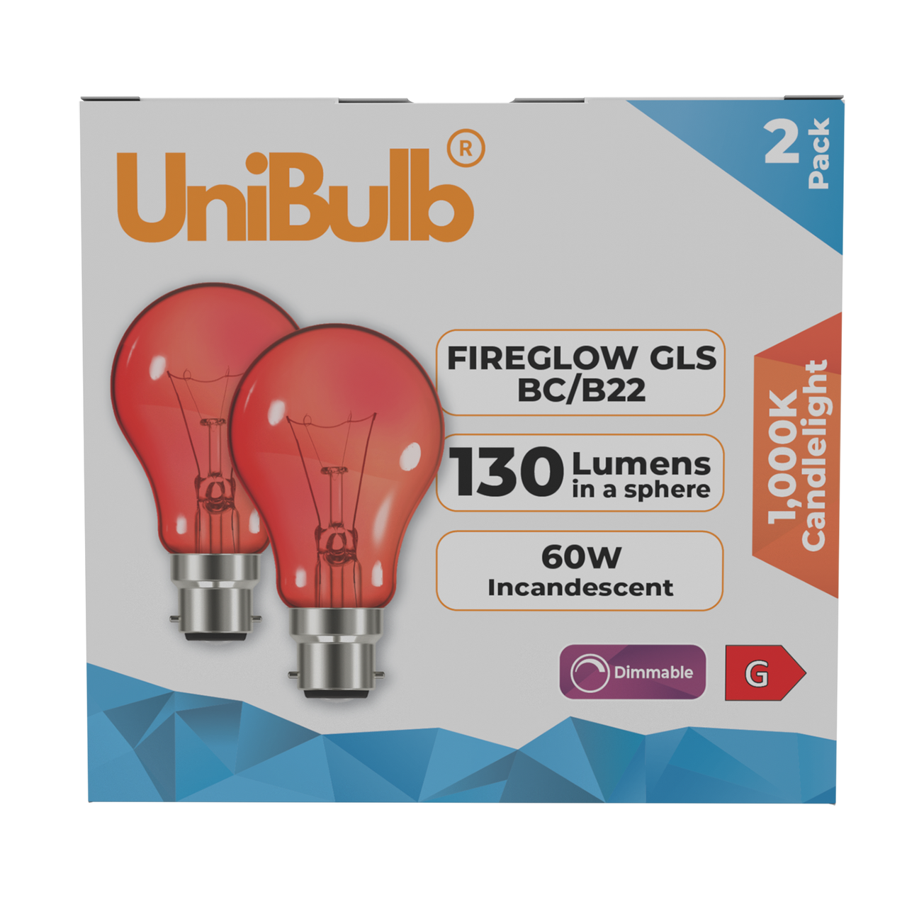 UniBulb B22 GLS 60W 1000k Fireglow Red Light Bulb  - Pack of 2