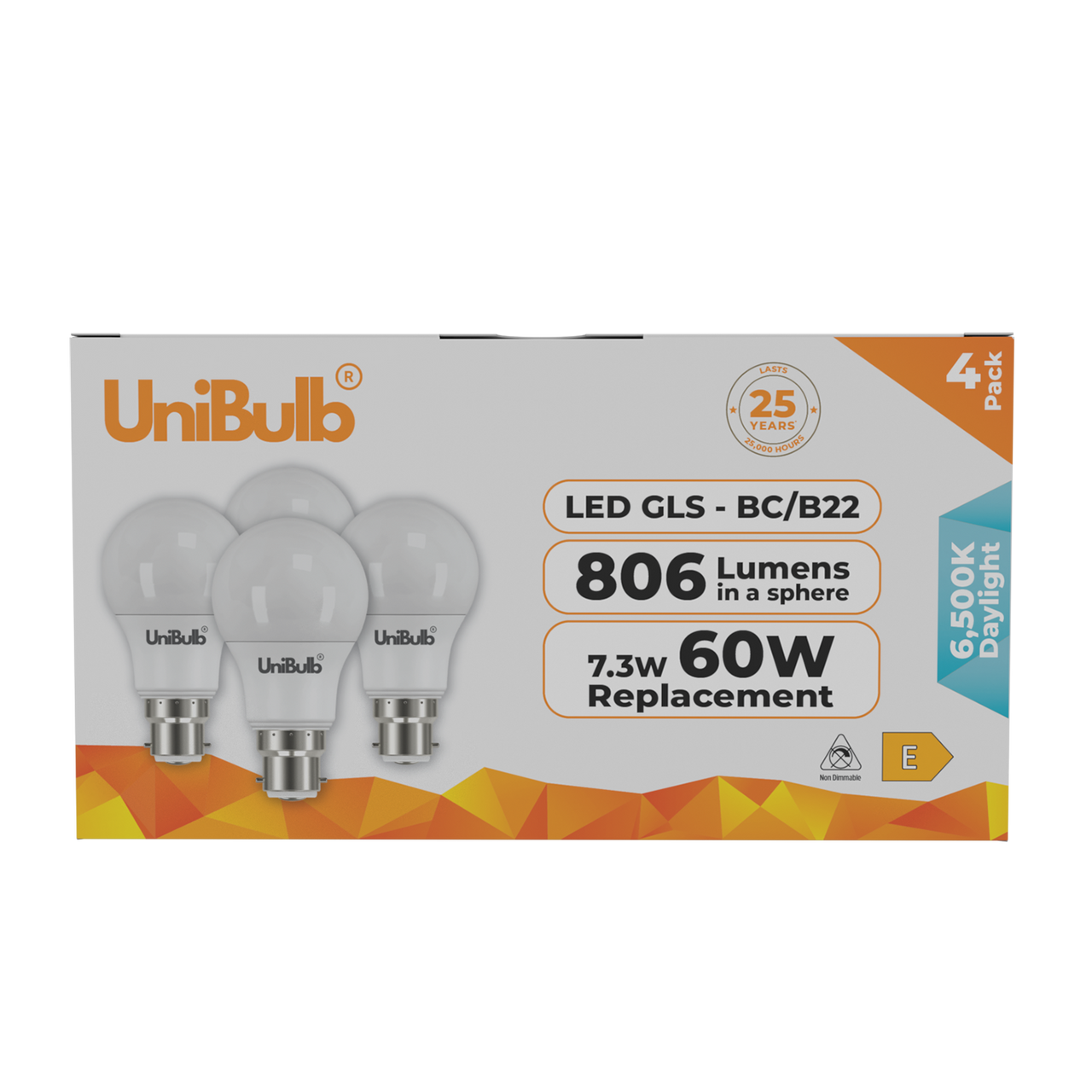 UniBulb LED GLS B22 806lm 7.3W 6500K (Daylight) Light Bulb - Pack of 4 front