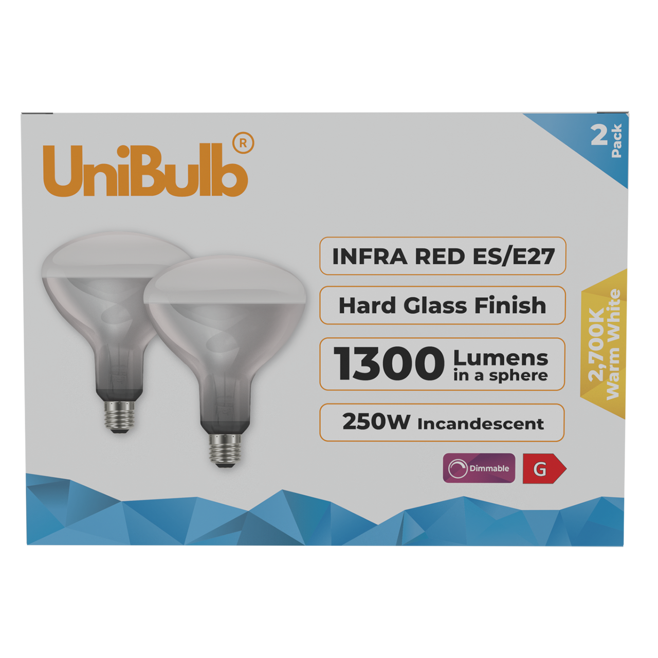 UniBulb R125 ES / E27 Infra Red Heat Food warming Lamp Bulb 1300lm 250W 2700K Warm White Pack of 2