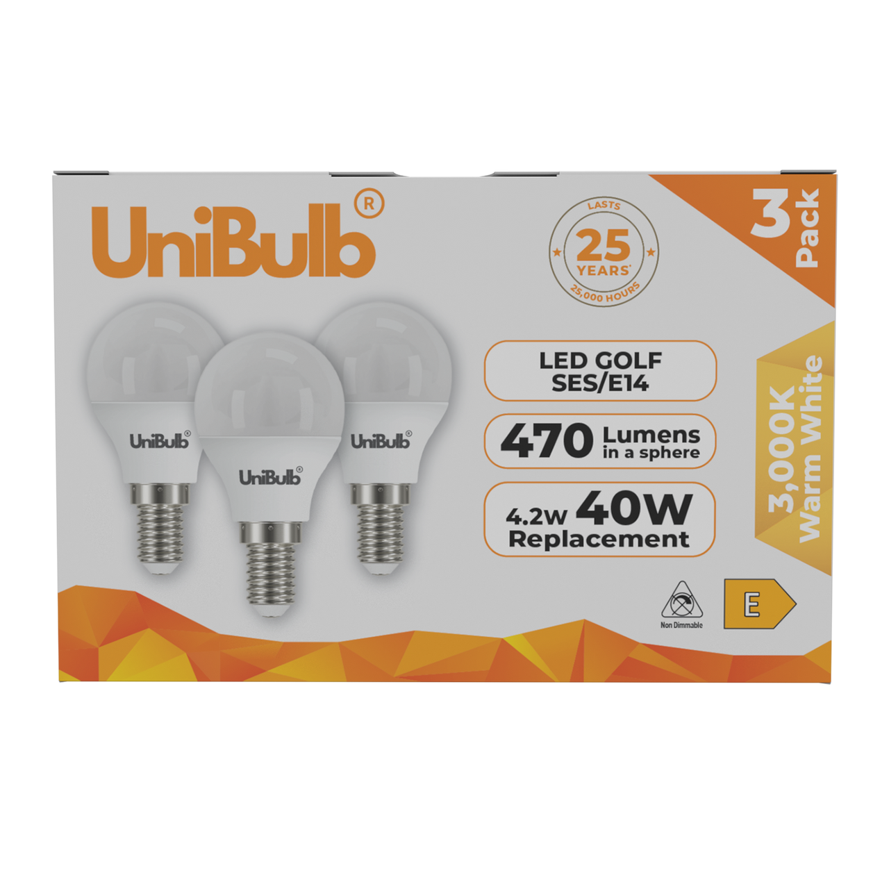 UniBulb LED Golf Ball E14 470lm 4.2W 3000K (Warm White) Light Bulb - Pack of 3 front