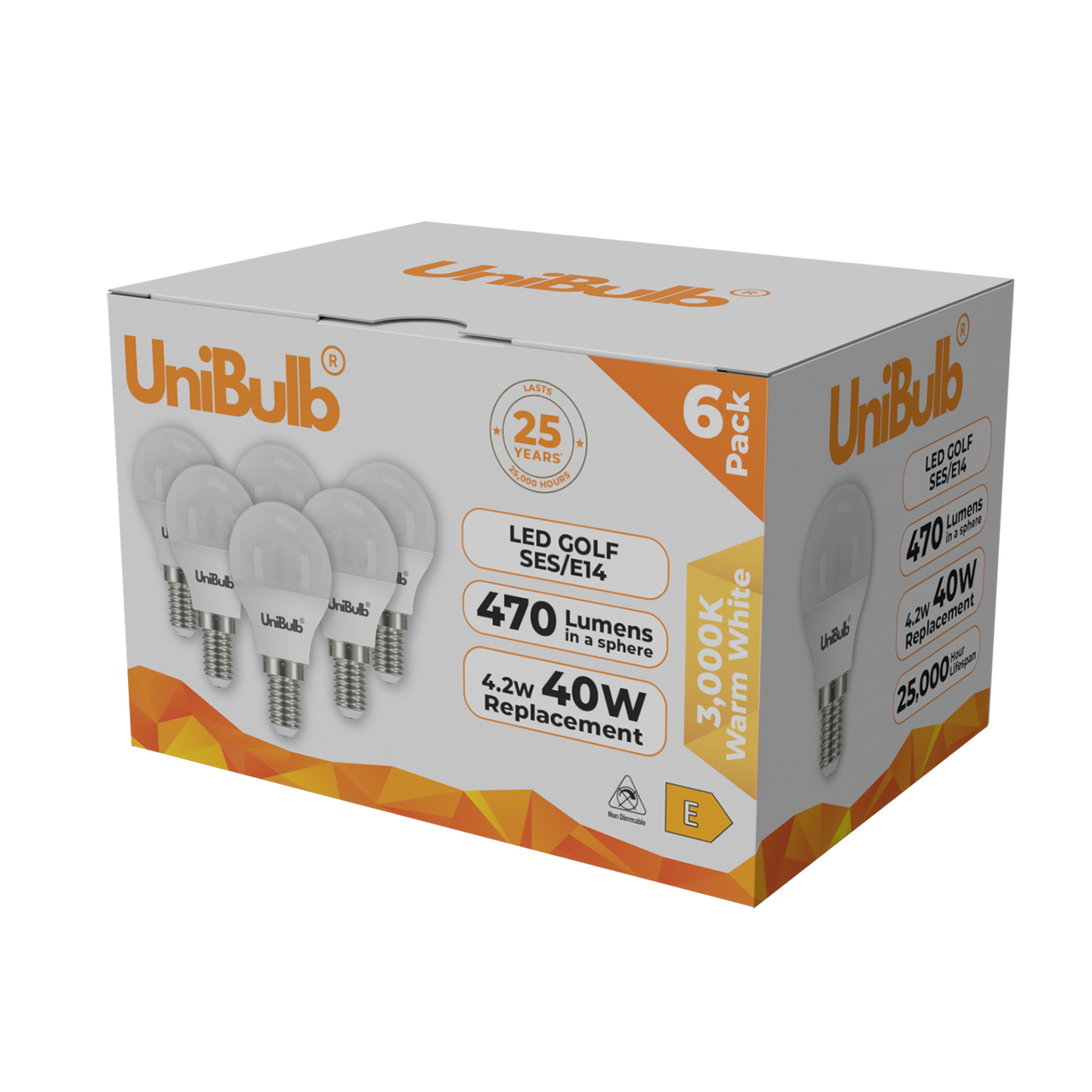 UniBulb LED Golf Ball E14 470lm 4.2W 3000K (Warm White) Light Bulb - Pack of 6 side