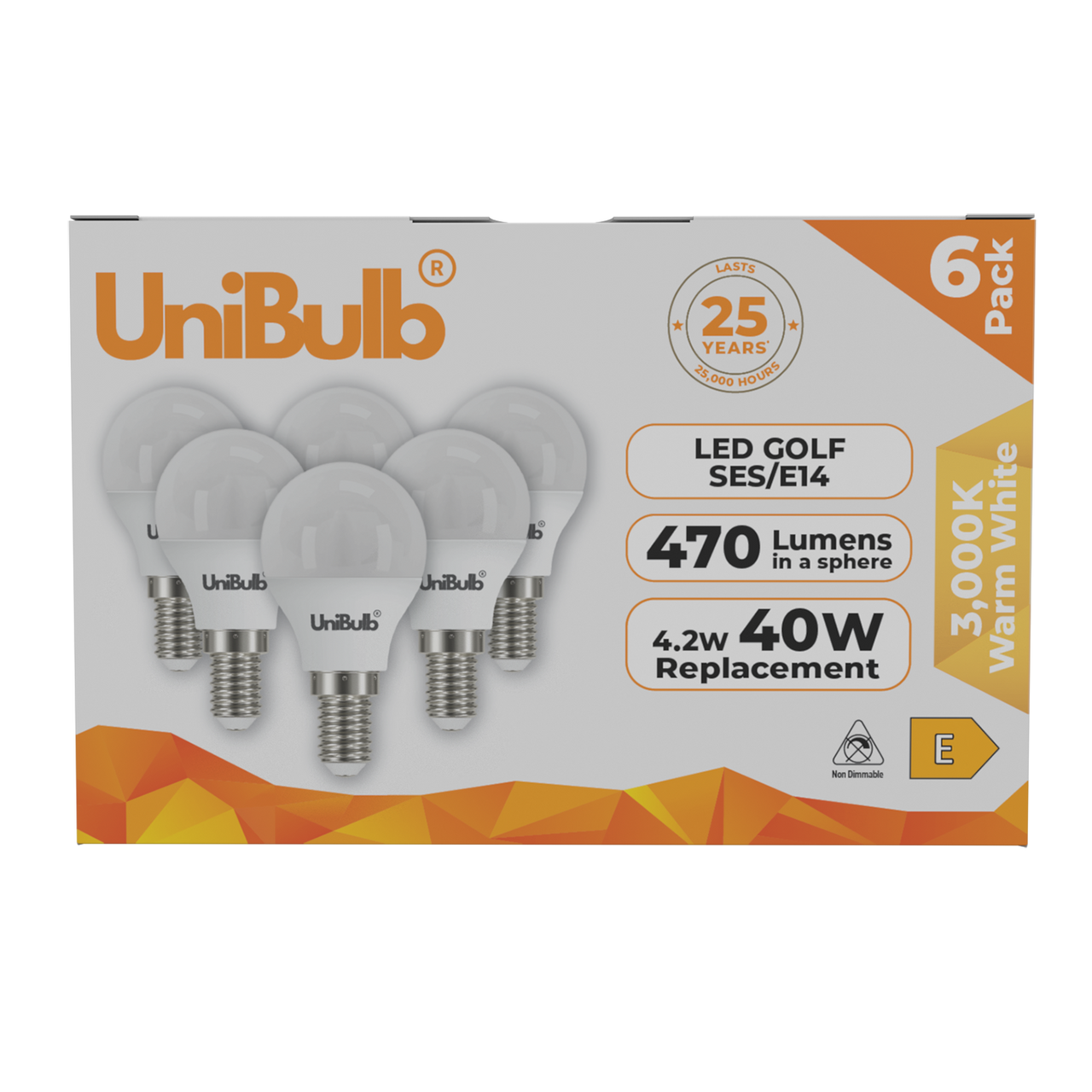 UniBulb LED Golf Ball E14 470lm 4.2W 3000K (Warm White) Light Bulb - Pack of 6 front