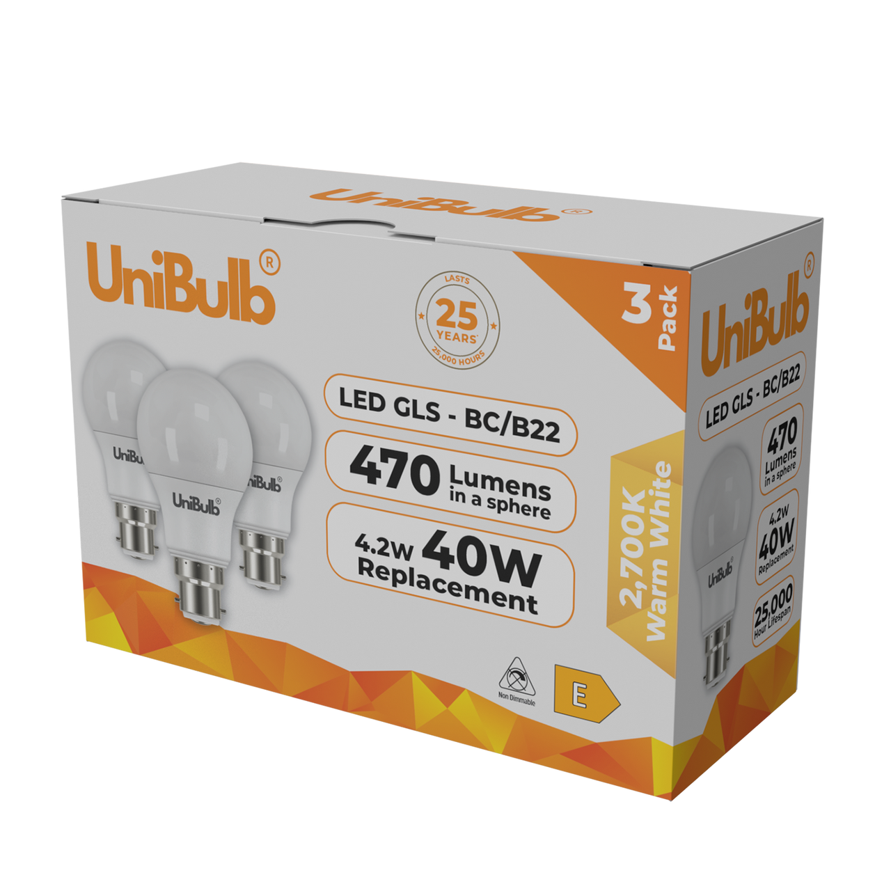 UniBulb LED GLS B22 470lm 4.2W 2700K (Warm White) Light Bulb - Pack of 3