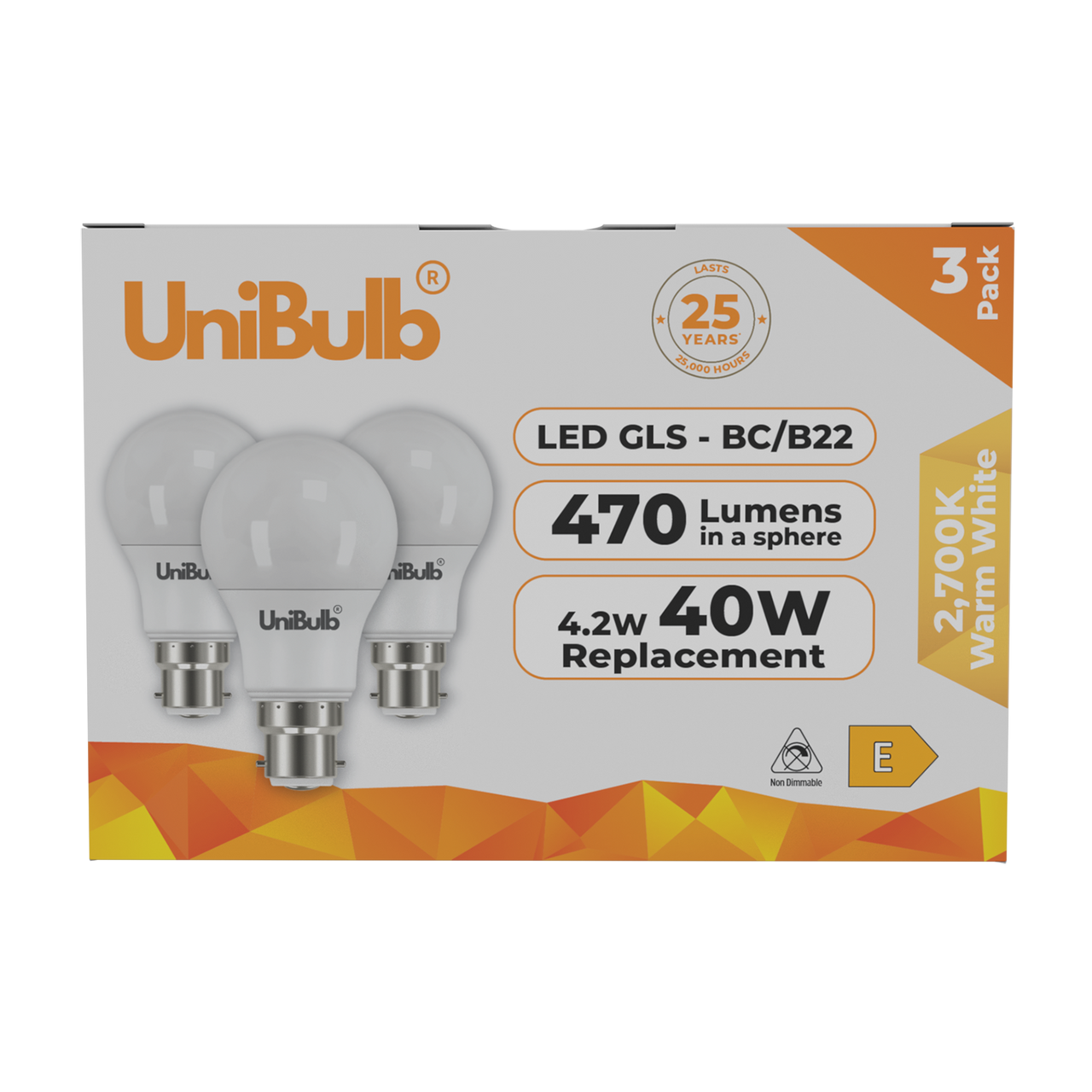 UniBulb LED GLS B22 470lm 4.2W 2700K (Warm White) Light Bulb - Pack of 3