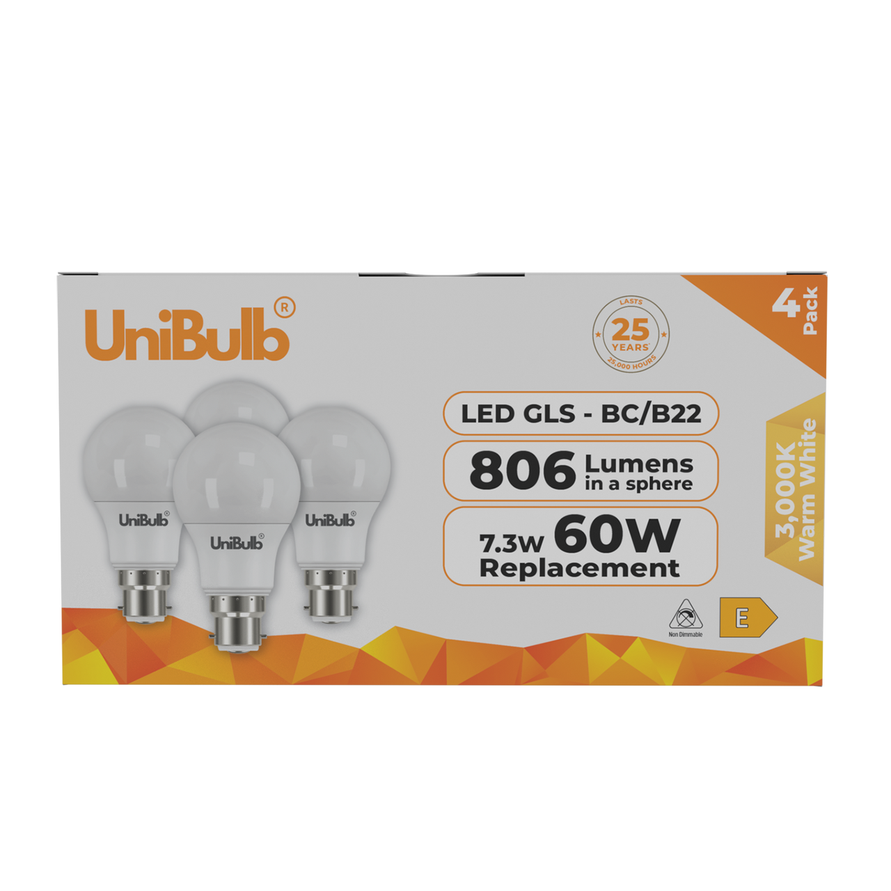 Energizer LED GLS B22 806lm 7.3W 3000K (Warm White) Light bulb - Pack of 4
