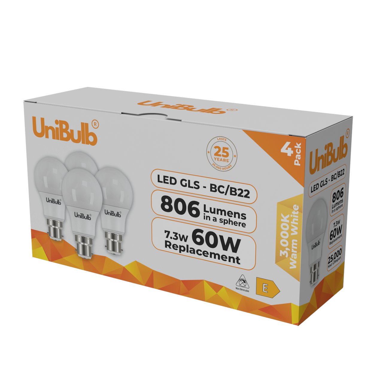 Energizer LED GLS B22 806lm 7.3W 3000K (Warm White) Light bulb - Pack of 4