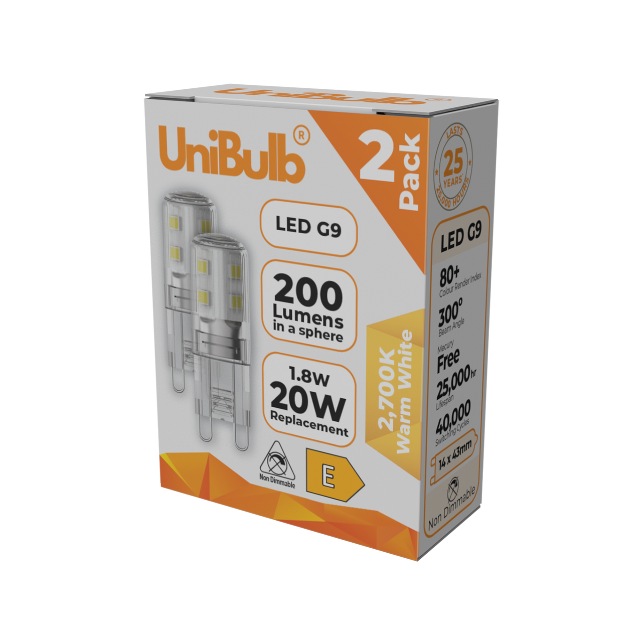 UniBulb LED G9 200lm 1.8W 2700K (Warm White) Capsule Light Bulb - Pack of 2