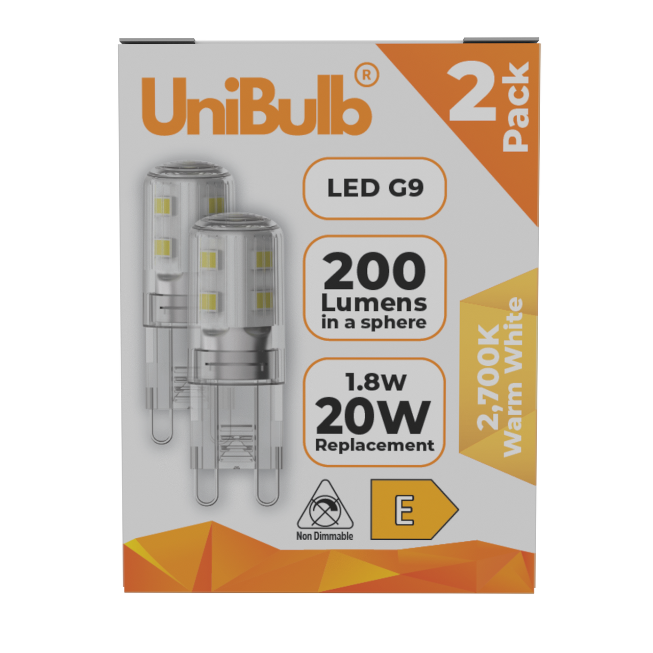 UniBulb LED G9 200lm 1.8W 2700K (Warm White) Capsule Light Bulb - Pack of 2