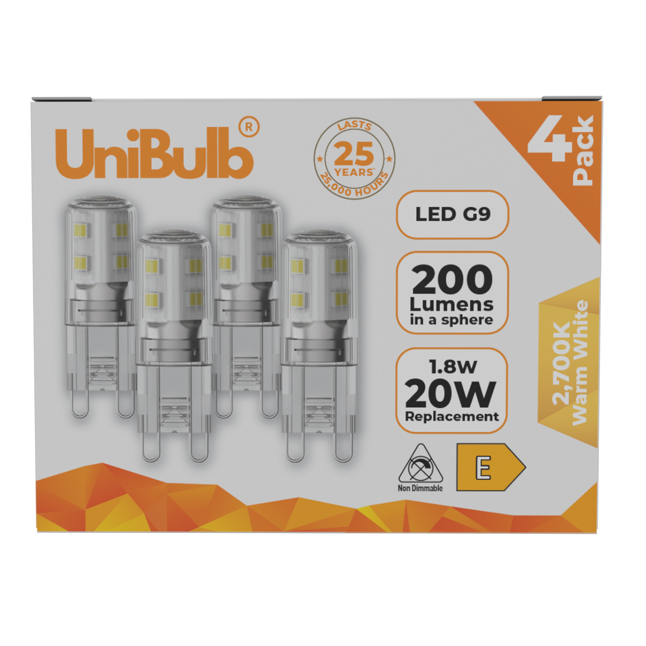 UniBulb LED G9 200lm 1.8W 2700K (Warm White) Light Bulb - Pack of 4