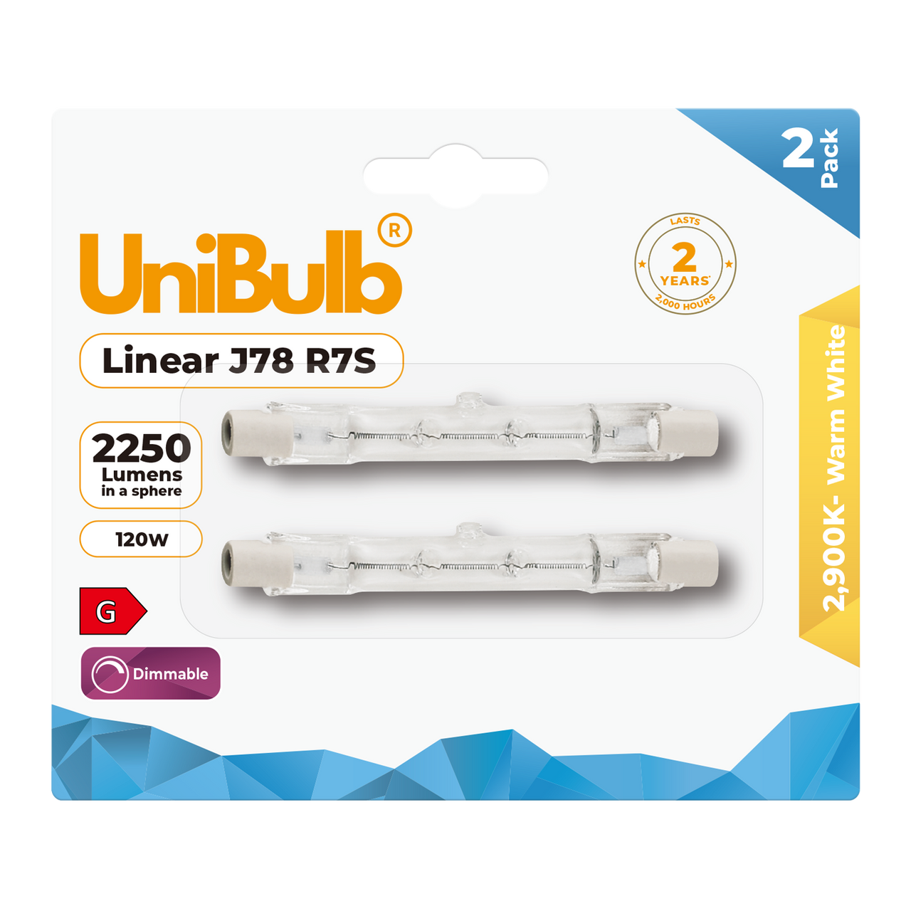 Shop for UniBulb Halogen R7S Linear 2250lm 120W 2900K (Warm White) Dimmable - Pack of 2 S5160